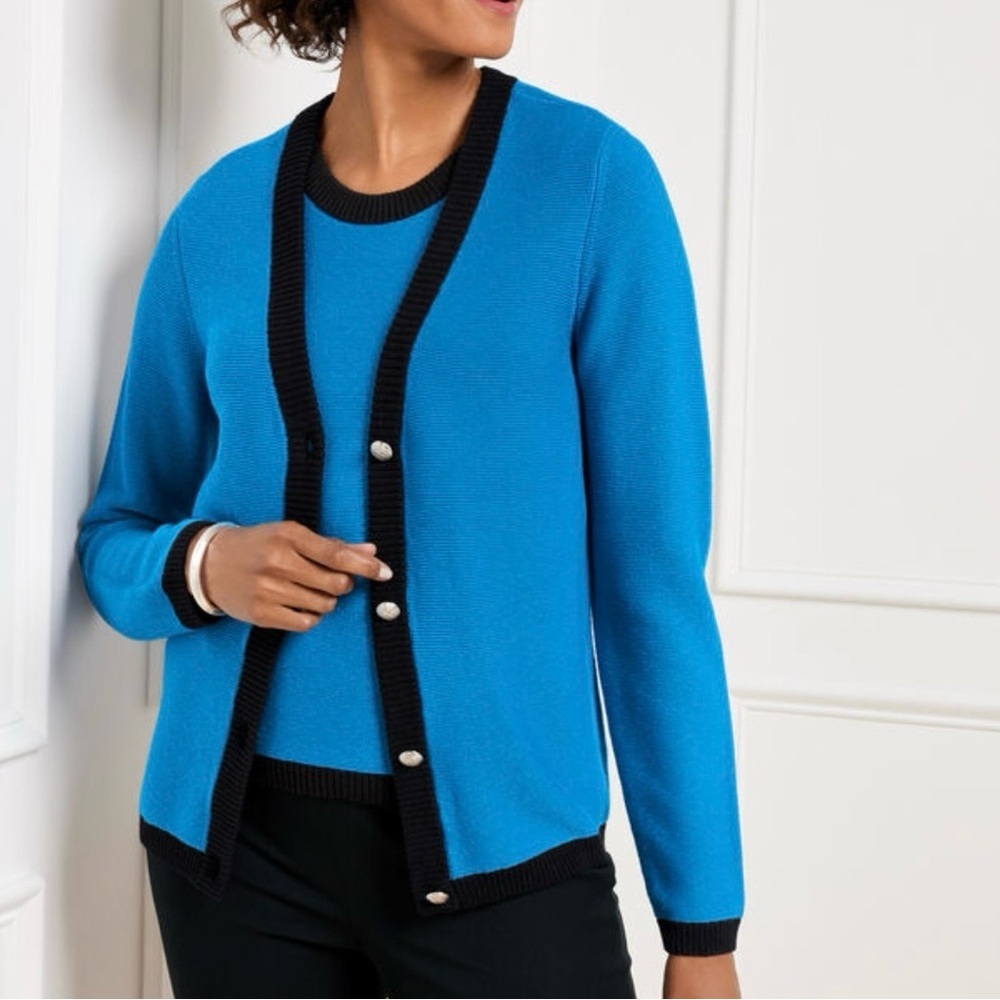Talbots Tipped Texture V-neck Cardigan Sweater Blue black Silver tone buttons M